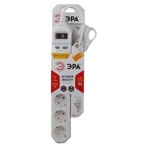 USF-5es-1.5m-USB-W Сетевой фильтр ЭРА (белый) с заземл, 3x0,75мм2, с выкл, 5гн+2USB, 1.5м - купить в Пензе